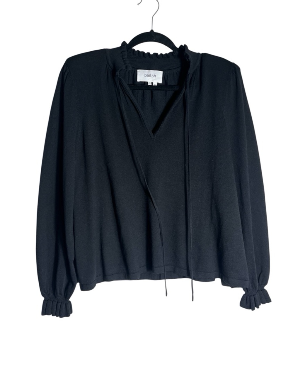 ba&sh Paris Black Ruffle Tie Neck Blouse Size M‎ Boho Feminine Minimal Chic